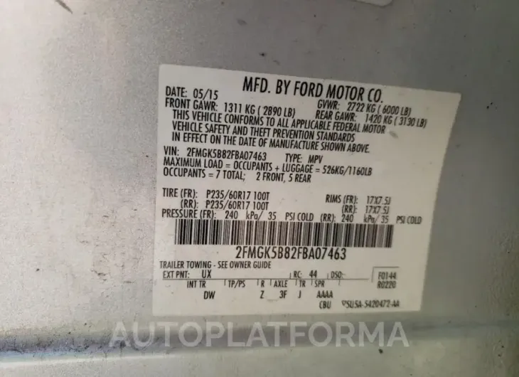 FORD FLEX SE 2015 vin 2FMGK5B82FBA07463 from auto auction Copart