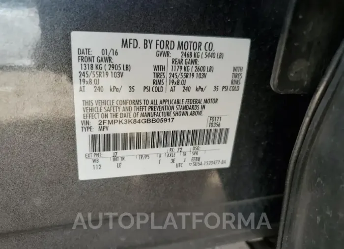 FORD EDGE TITAN 2016 vin 2FMPK3K84GBB05917 from auto auction Copart