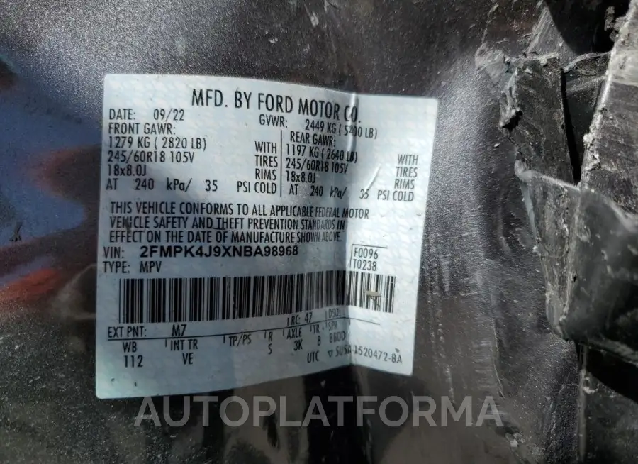 FORD EDGE SEL 2022 vin 2FMPK4J9XNBA98968 from auto auction Copart