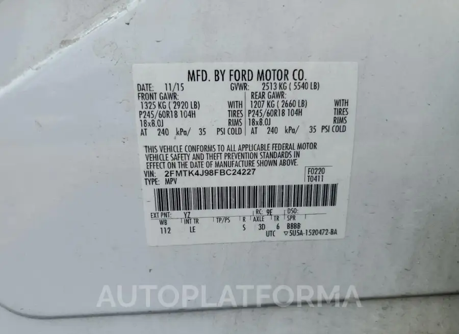 FORD EDGE SEL 2015 vin 2FMTK4J98FBC24227 from auto auction Copart