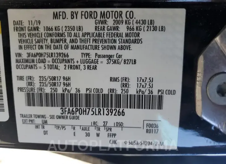 FORD FUSION SE 2020 vin 3FA6P0H75LR139266 from auto auction Copart