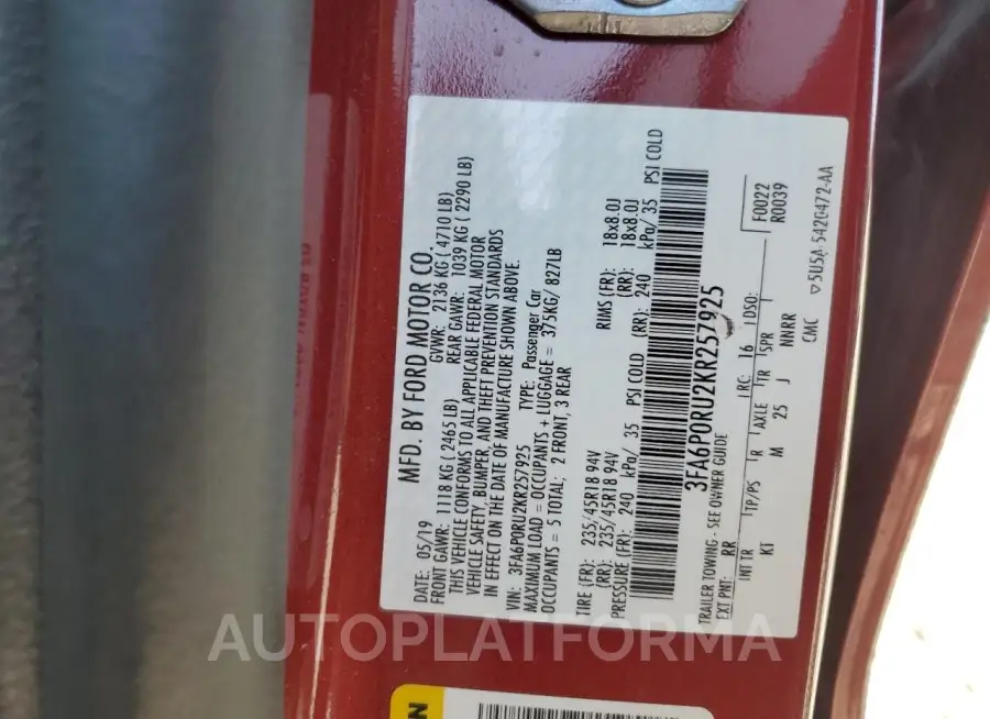 FORD FUSION TIT 2019 vin 3FA6P0RU2KR257925 from auto auction Copart