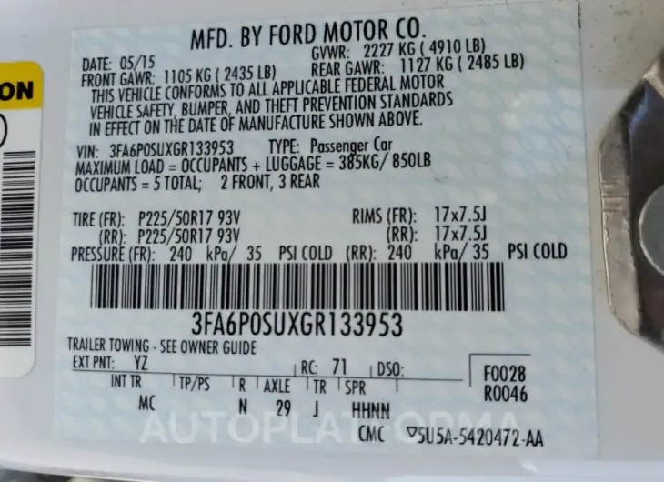 FORD FUSION TIT 2016 vin 3FA6P0SUXGR133953 from auto auction Copart