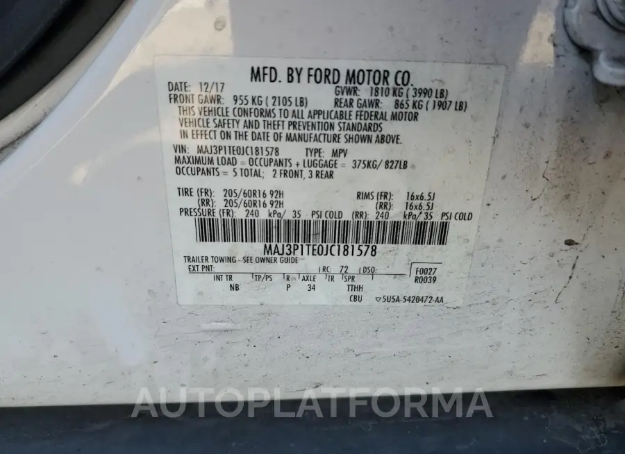 FORD ECOSPORT S 2018 vin MAJ3P1TE0JC181578 from auto auction Copart