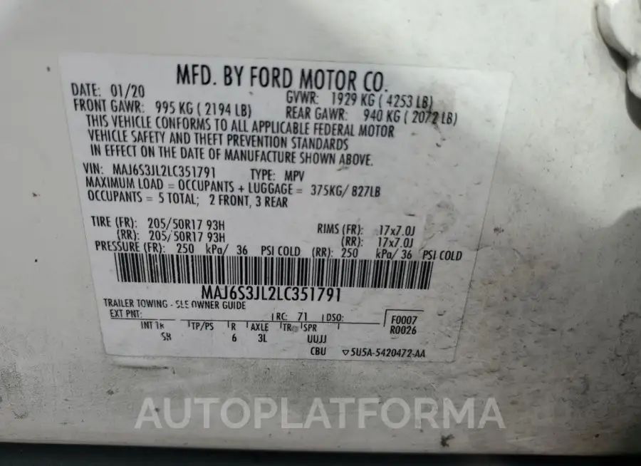 FORD ECOSPORT S 2020 vin MAJ6S3JL2LC351791 from auto auction Copart