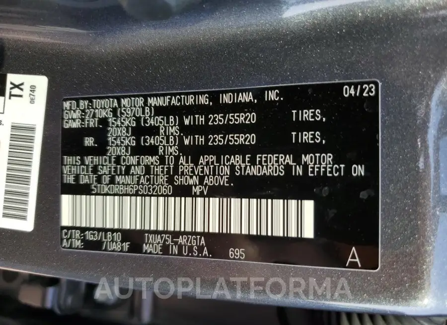 TOYOTA HIGHLANDER 2023 vin 5TDKDRBH6PS032060 from auto auction Copart