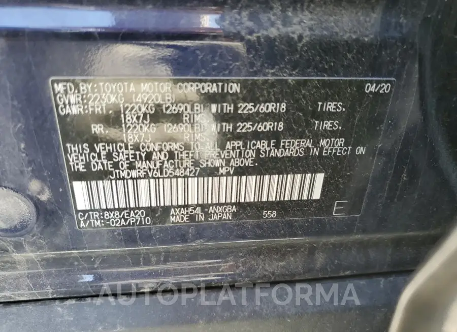 TOYOTA RAV4 LIMIT 2020 vin JTMDWRFV6LD548427 from auto auction Copart