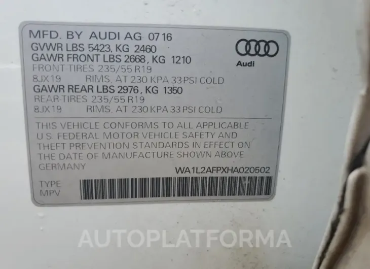 AUDI Q5 PREMIUM 2017 vin WA1L2AFPXHA020502 from auto auction Copart