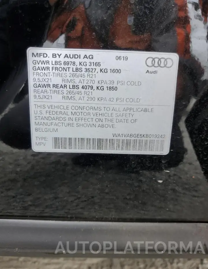 AUDI E-TRON PRE 2019 vin WA1VABGE5KB019242 from auto auction Copart