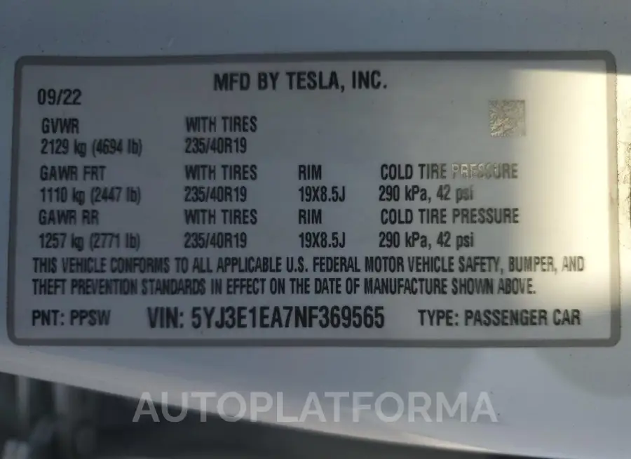 TESLA MODEL 3 2022 vin 5YJ3E1EA7NF369565 from auto auction Copart