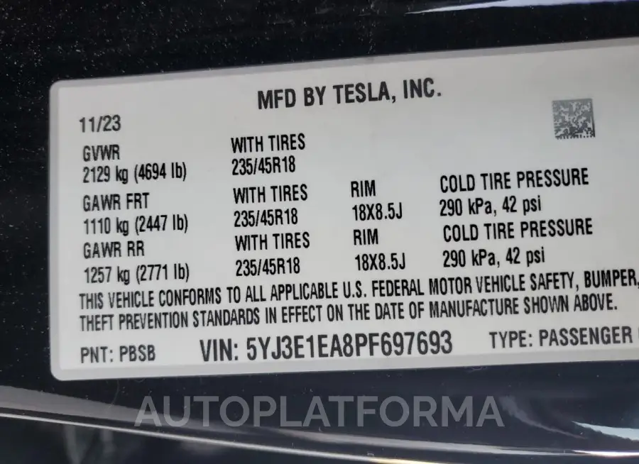 TESLA MODEL 3 2023 vin 5YJ3E1EA8PF697693 from auto auction Copart