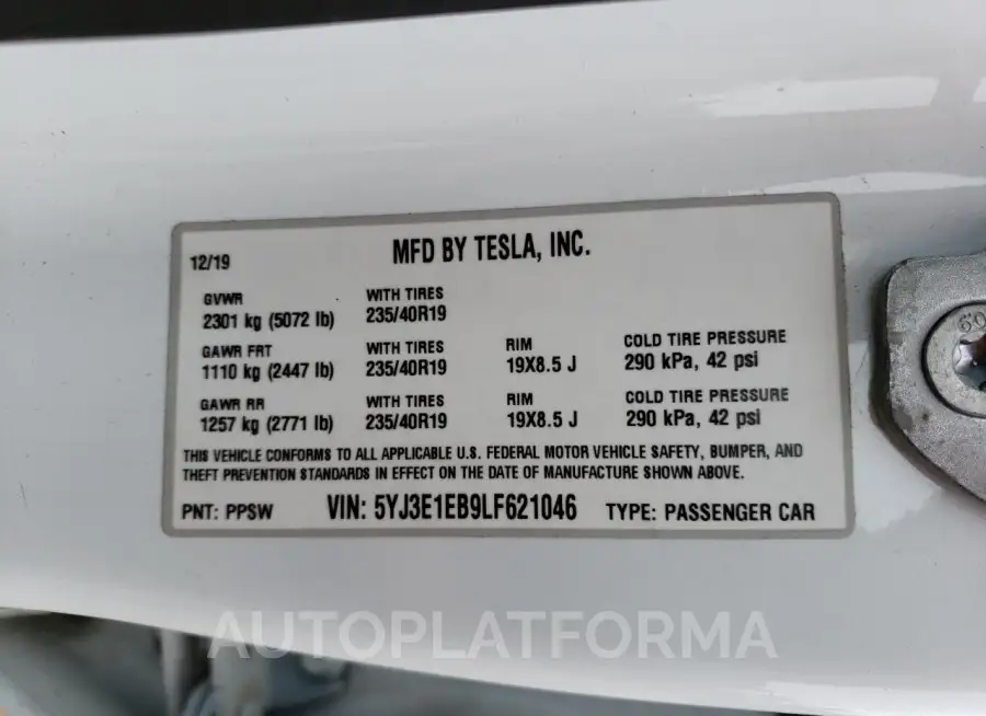 TESLA MODEL 3 2020 vin 5YJ3E1EB9LF621046 from auto auction Copart