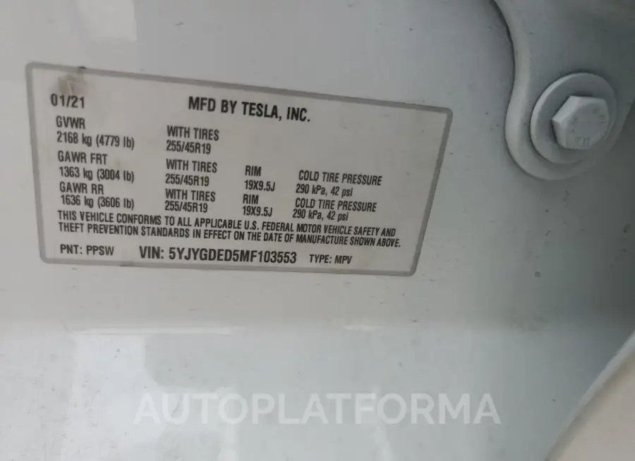 TESLA MODEL Y 2021 vin 5YJYGDED5MF103553 from auto auction Copart