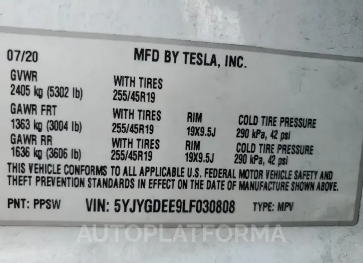 TESLA MODEL Y 2020 vin 5YJYGDEE9LF030808 from auto auction Copart