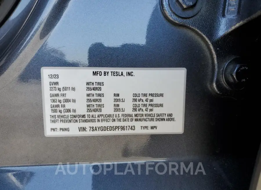 TESLA MODEL Y 2023 vin 7SAYGDED5PF961743 from auto auction Copart