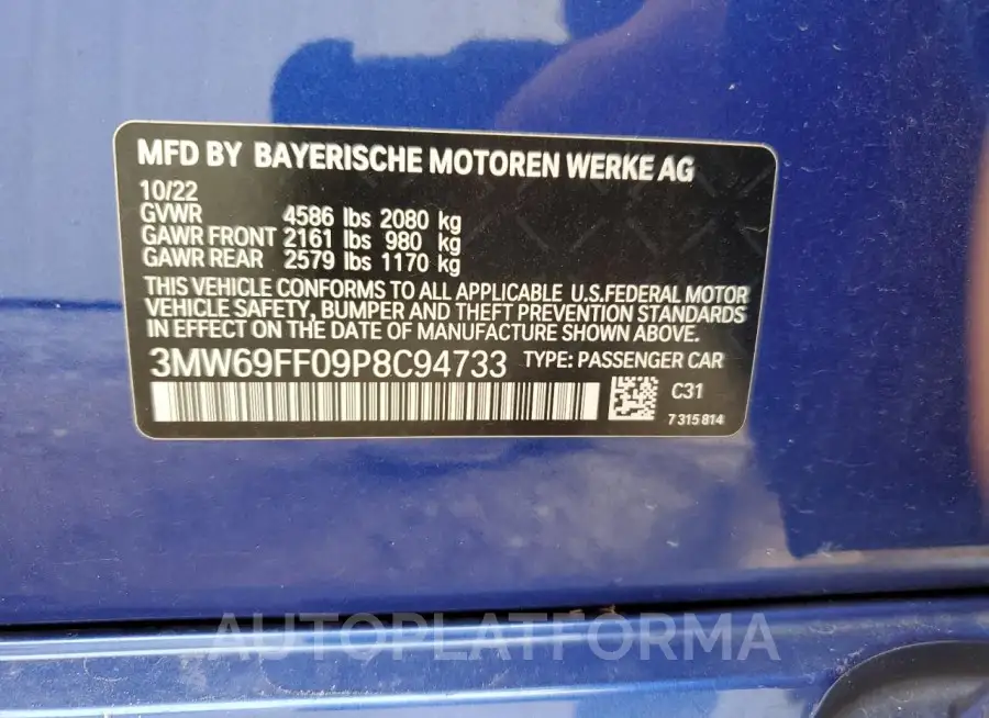 BMW 330I 2023 vin 3MW69FF09P8C94733 from auto auction Copart