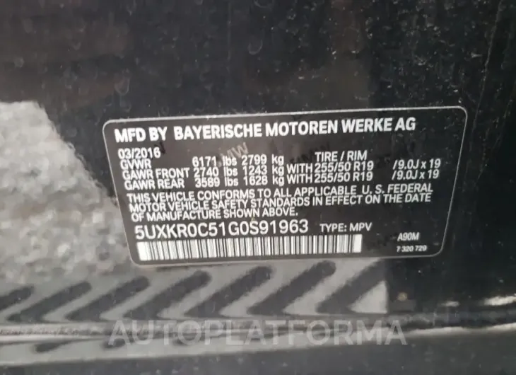 BMW X5 XDRIVE3 2016 vin 5UXKR0C51G0S91963 from auto auction Copart