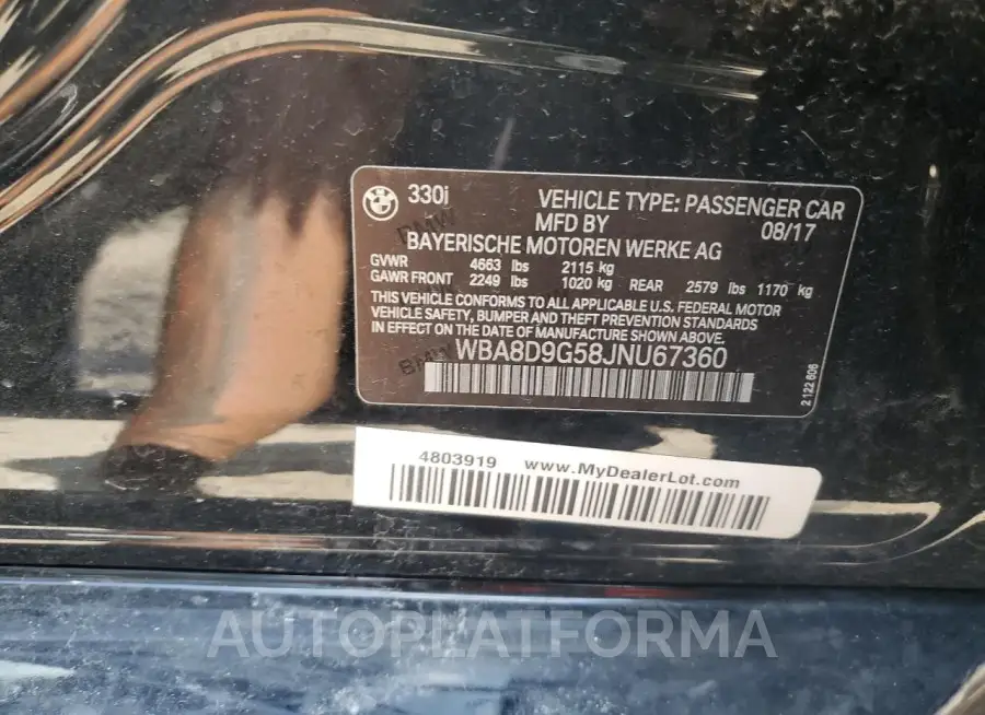 BMW 330 XI 2018 vin WBA8D9G58JNU67360 from auto auction Copart