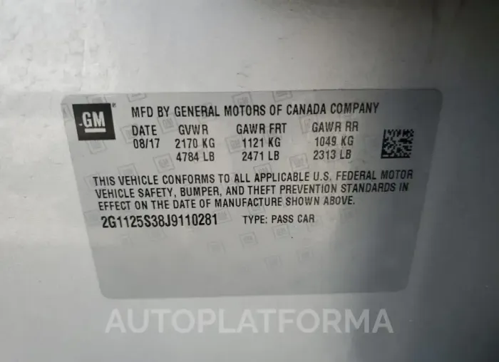 CHEVROLET IMPALA PRE 2018 vin 2G1125S38J9110281 from auto auction Copart