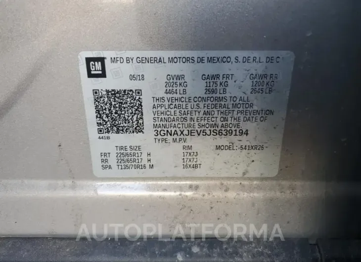 CHEVROLET EQUINOX LT 2018 vin 3GNAXJEV5JS639194 from auto auction Copart