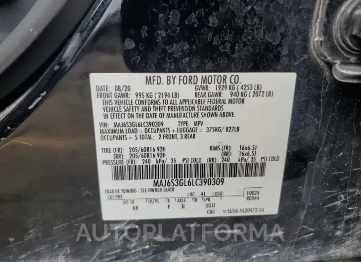 FORD ECOSPORT S 2020 vin MAJ6S3GL6LC390309 from auto auction Copart