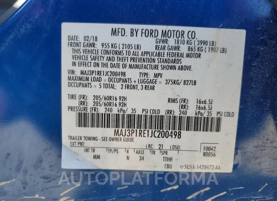 FORD ECOSPORT S 2018 vin MAJ3P1RE1JC200498 from auto auction Copart