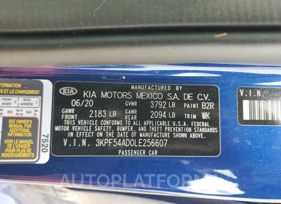 KIA FORTE EX 2020 vin 3KPF54AD0LE256607 from auto auction Copart