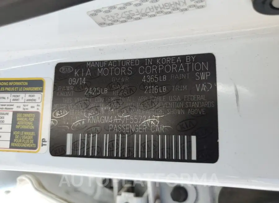 KIA OPTIMA LX 2015 vin KNAGM4A77F5572424 from auto auction Copart