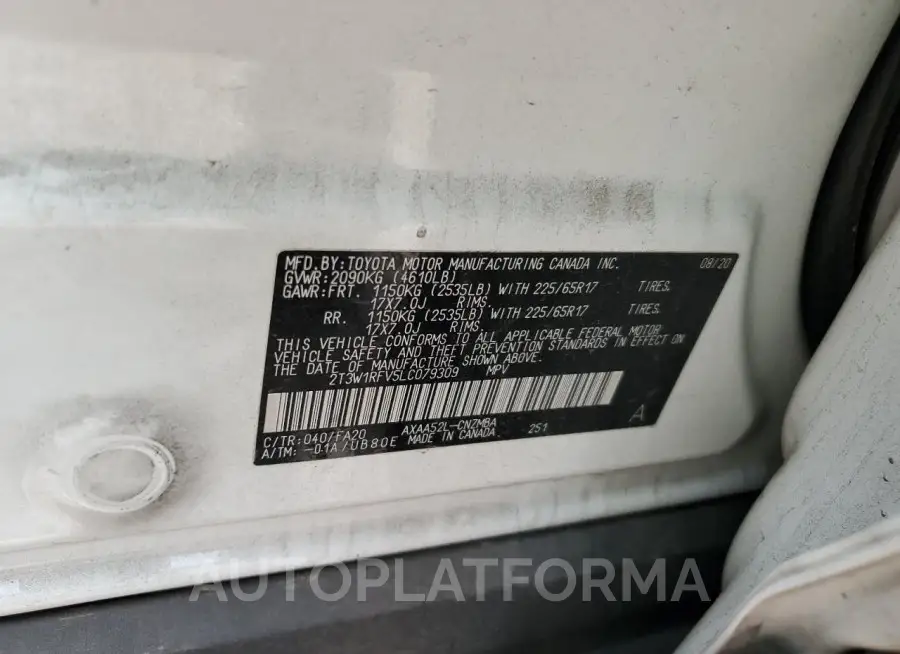 TOYOTA RAV4 XLE 2020 vin 2T3W1RFV5LC079309 from auto auction Copart