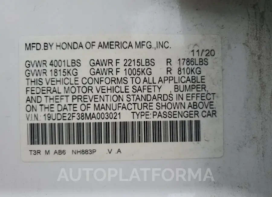 ACURA ILX 2021 vin 19UDE2F38MA003021 from auto auction Copart