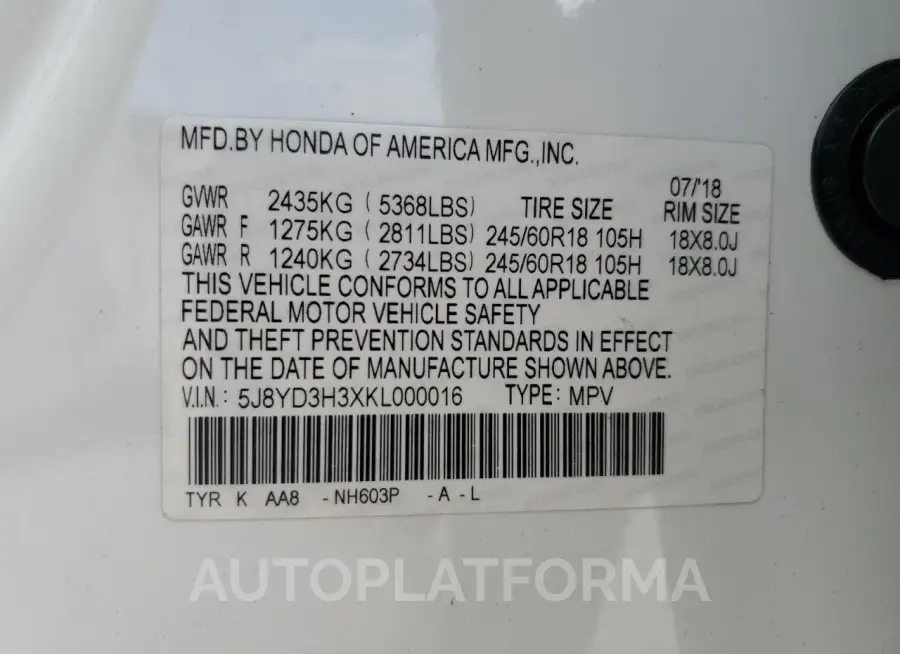 ACURA MDX 2019 vin 5J8YD3H3XKL000016 from auto auction Copart