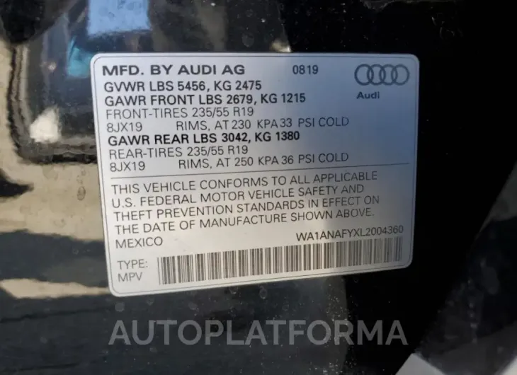 AUDI Q5 PREMIUM 2020 vin WA1ANAFYXL2004360 from auto auction Copart