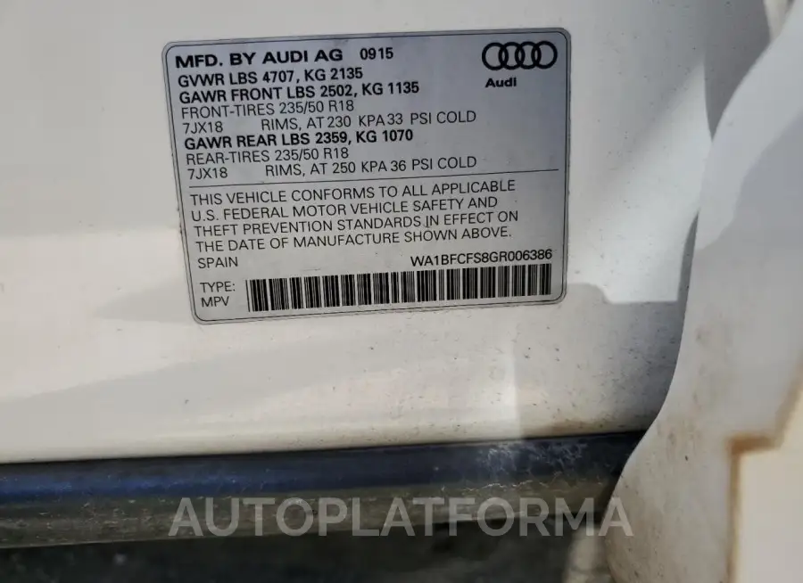 AUDI Q3 PREMIUM 2016 vin WA1BFCFS8GR006386 from auto auction Copart