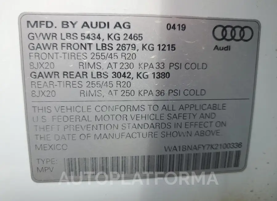 AUDI Q5 PREMIUM 2019 vin WA1BNAFY7K2100336 from auto auction Copart