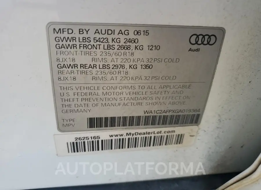 AUDI Q5 PREMIUM 2016 vin WA1C2AFPXGA019364 from auto auction Copart