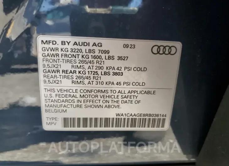 AUDI Q8 E-TRON 2024 vin WA1CAAGE8RB036144 from auto auction Copart