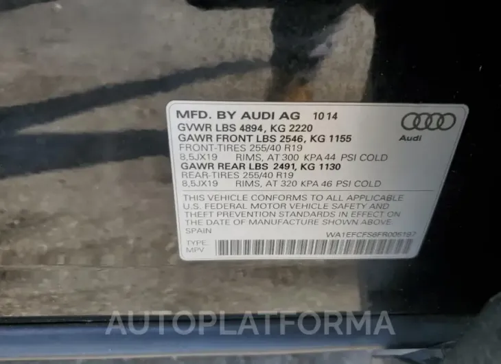 AUDI Q3 PREMIUM 2015 vin WA1EFCFS6FR005197 from auto auction Copart