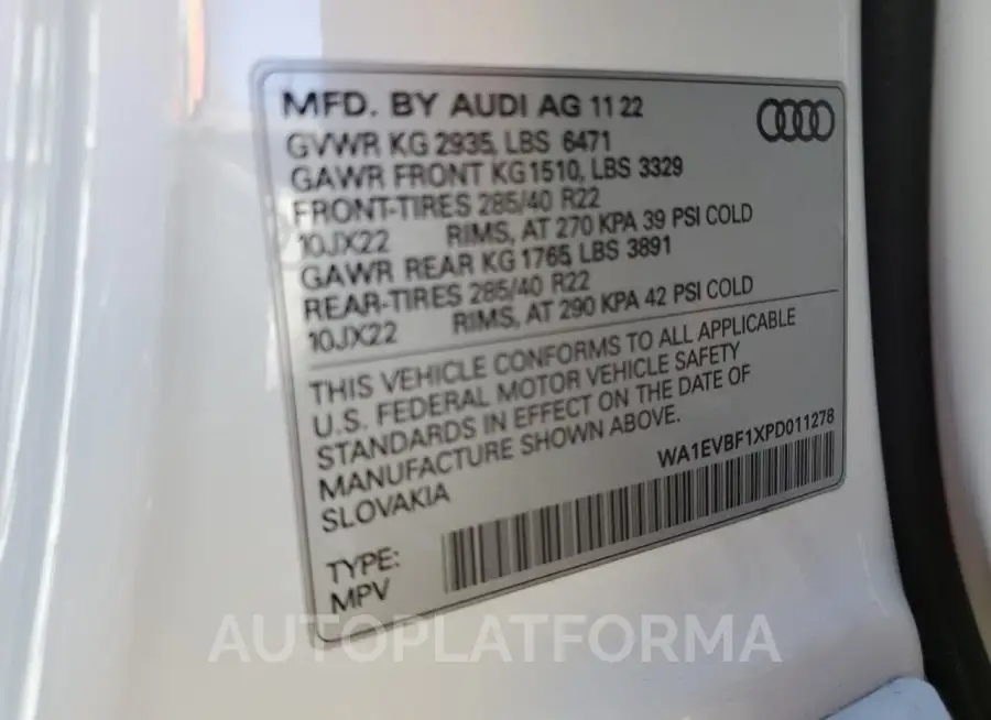 AUDI Q8 PREMIUM 2023 vin WA1EVBF1XPD011278 from auto auction Copart