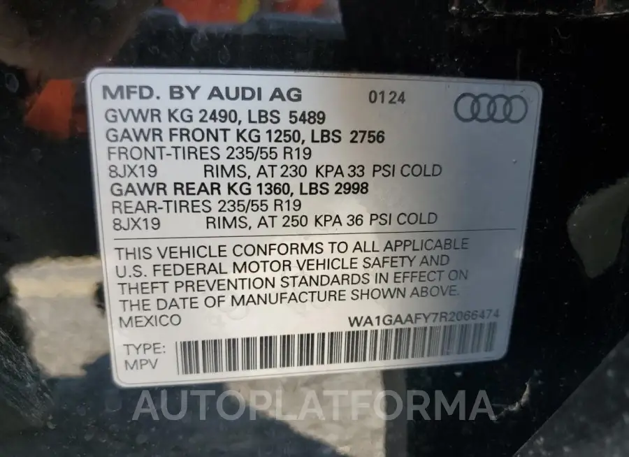 AUDI Q5 PREMIUM 2024 vin WA1GAAFY7R2066474 from auto auction Copart