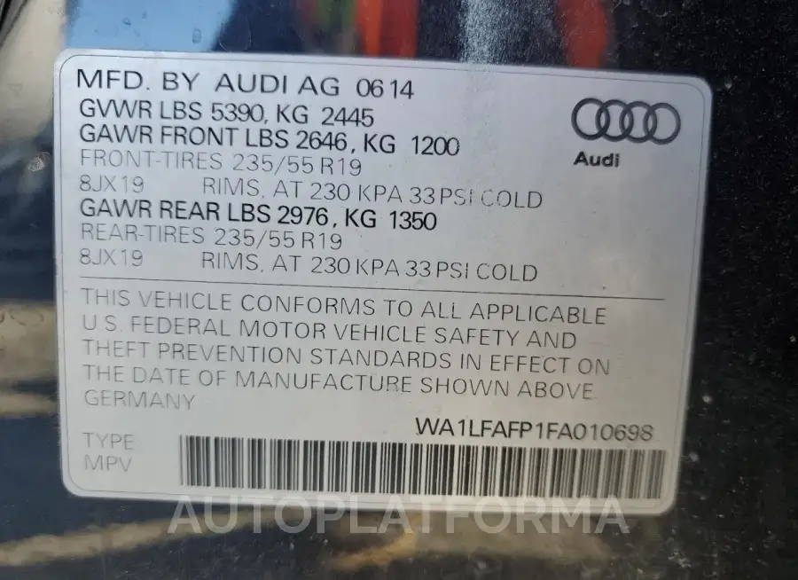 AUDI Q5 PREMIUM 2015 vin WA1LFAFP1FA010698 from auto auction Copart