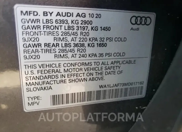 AUDI Q7 PREMIUM 2021 vin WA1LJAF73MD017162 from auto auction Copart