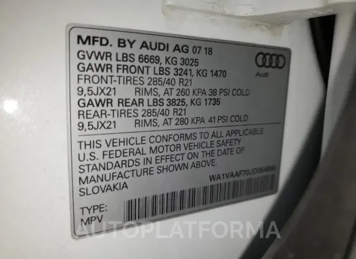 AUDI Q7 PRESTIG 2018 vin WA1VAAF70JD054996 from auto auction Copart