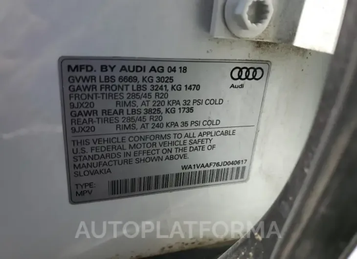 AUDI Q7 PRESTIG 2018 vin WA1VAAF76JD040617 from auto auction Copart