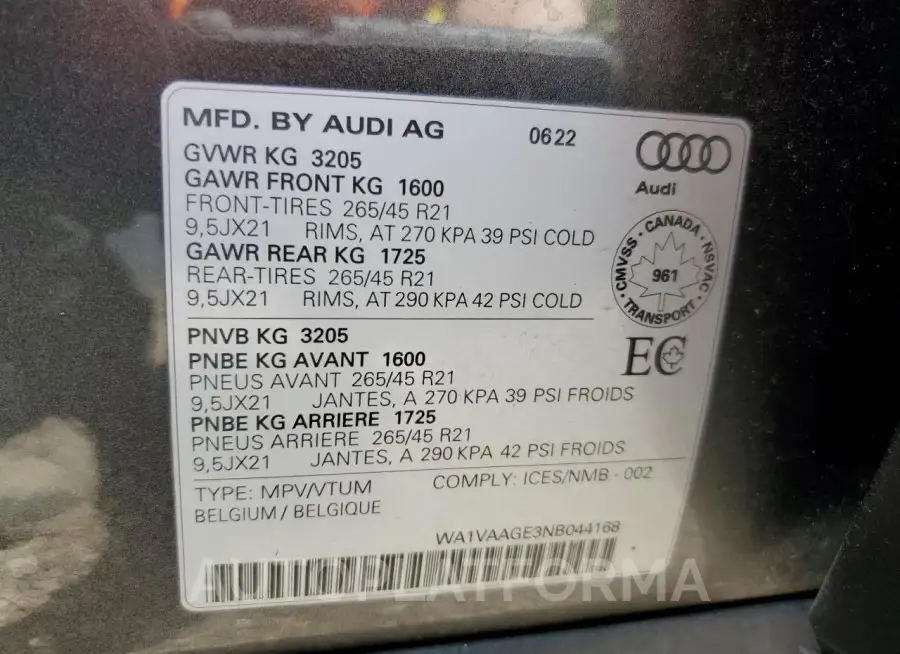 AUDI E-TRON CHR 2022 vin WA1VAAGE3NB044168 from auto auction Copart