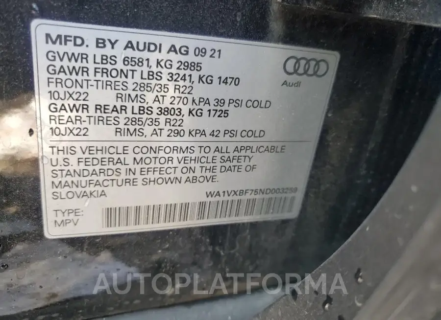 AUDI Q7 PRESTIG 2022 vin WA1VXBF75ND003259 from auto auction Copart