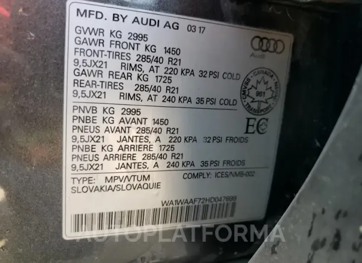 AUDI Q7 TECHNIK 2017 vin WA1WAAF72HD047899 from auto auction Copart