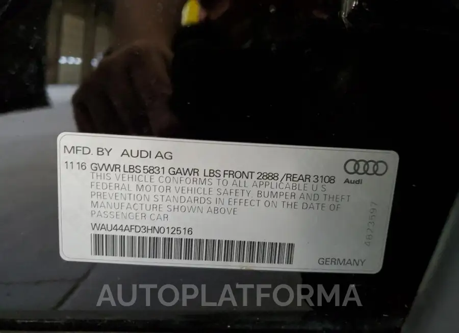 AUDI A8 L QUATT 2017 vin WAU44AFD3HN012516 from auto auction Copart