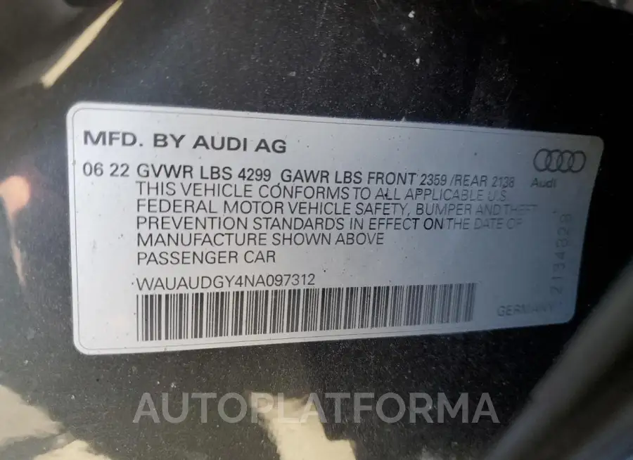 AUDI A3 PREMIUM 2022 vin WAUAUDGY4NA097312 from auto auction Copart