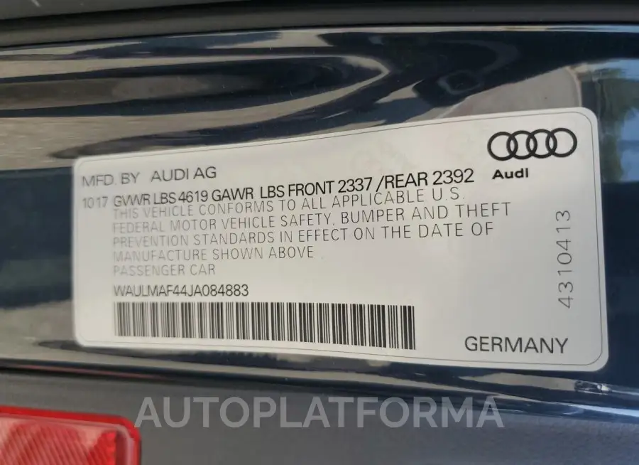 AUDI A4 PREMIUM 2018 vin WAULMAF44JA084883 from auto auction Copart