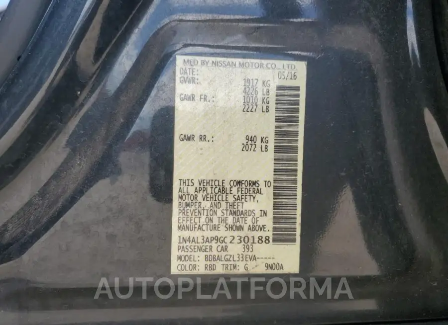 NISSAN ALTIMA 2.5 2016 vin 1N4AL3AP9GC230188 from auto auction Copart